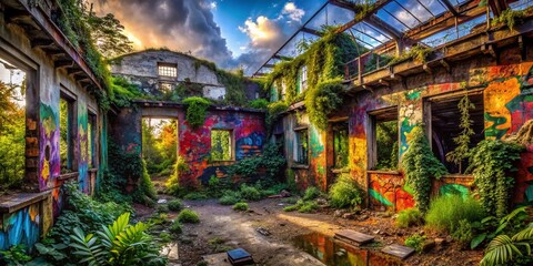 Fototapeta premium Urban Exploration Photography featuring Abandoned Buildings, Graffiti Art, and Decaying Infrastructure in a Gritty Cityscape with Vibrant Colors and Atmospheric Lighting