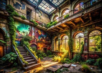 Fototapeta premium Urban Exploration Photography Featuring Abandoned Buildings with Intricate Graffiti and Overgrown Nature, Capturing the Beauty of Decay and Urban Artistry in a City Landscape