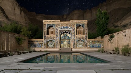 Obraz premium Ornate Tile-Decorated Building with a Pool Under a Starry Sky
