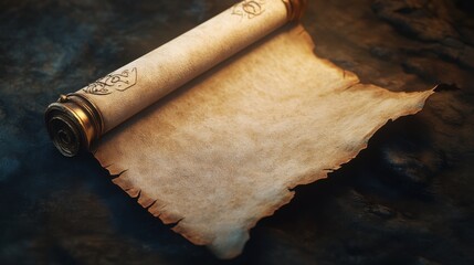 An old parchment scroll lies flat against a textured blue-green background. The scroll showcases aged edges and intricate details, ideal for evoking a sense of history or fantasy.