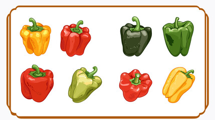 Vector set of various bell peppers Cartoon red green yellow orange sweet paprika fresh organic vegetable for cooking and healthy eating Vector colorful food vegetable illustration on white background