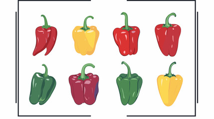 Vector set of various bell peppers Cartoon red green yellow orange sweet paprika fresh organic vegetable for cooking and healthy eating Vector colorful food vegetable illustration on white background