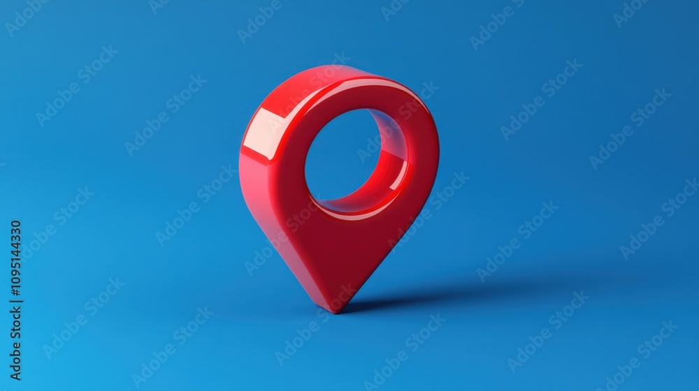 Poster glossy red location pin with circular cutout on vibrant blue background for modern navigation and ma