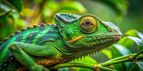 Obraz premium Camouflaged Chameleon Close-up Portrait of a Green Lizard Blending with Lush Foliage