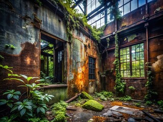 Fototapeta premium Urban Exploration Photography Featuring Blacked PNG Elements in Abandoned Spaces with Gritty Textures and Urban Decay Aesthetic for Creative Projects