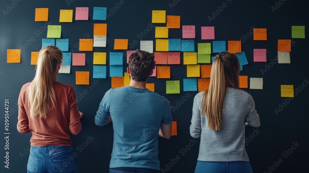 Poster collaborative brainstorming session with colorful sticky notes on black wall as diverse team works o