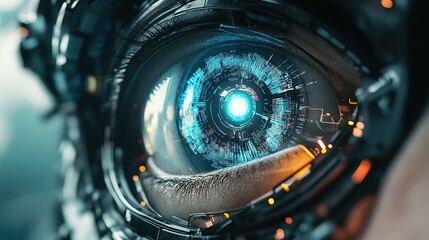 Obraz premium A futuristic close-up of a robotic eye with digital elements and a glowing center.