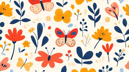 Colorful flower pattern with butterflies and leaves. The butterflies are in various sizes and colors. The flowers are also in different sizes and colors, with some being larger and others smaller