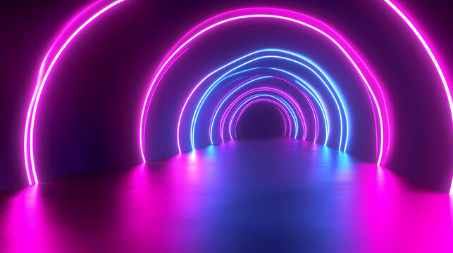 Futuristic abstract background with neon light rays creating an energetic tunnel effect that invites exploration and imagination in a digital landscape. Neon Tunnel Visions. Illustration