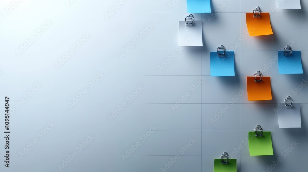Poster colorful sticky notes on whiteboard surface in modern office, organized and structured workspace for