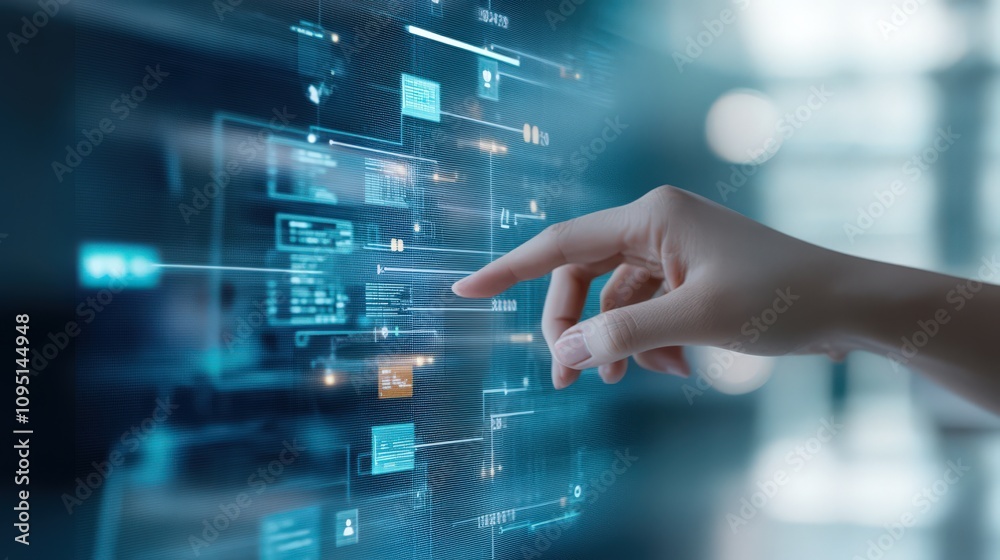Poster Futuristic User Interface Interaction Showcasing Digital Data Visualization and Touchscreen Technology with a Human Hand Engaging in Innovative Tech Experience