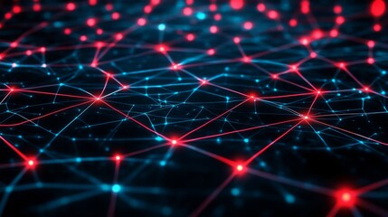 Computer-generated image of a complex network of red and blue lines. The red lines are more prominent and stand out against the blue lines, creating a visually striking contrast