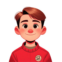 Obraz premium Cute Cartoon Portrait of a Boy with Brown Hair in a Red Sweater, Friendly Illustrated Male Character with Youthful Style, Adorable Boy Character Design in Minimalist Cartoon Style