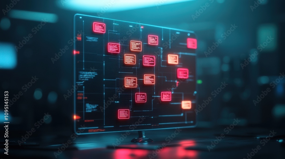 Aufkleber Futuristic Digital Interface with Flowing Data Streams and Illuminated Elements in a High-Tech Environment