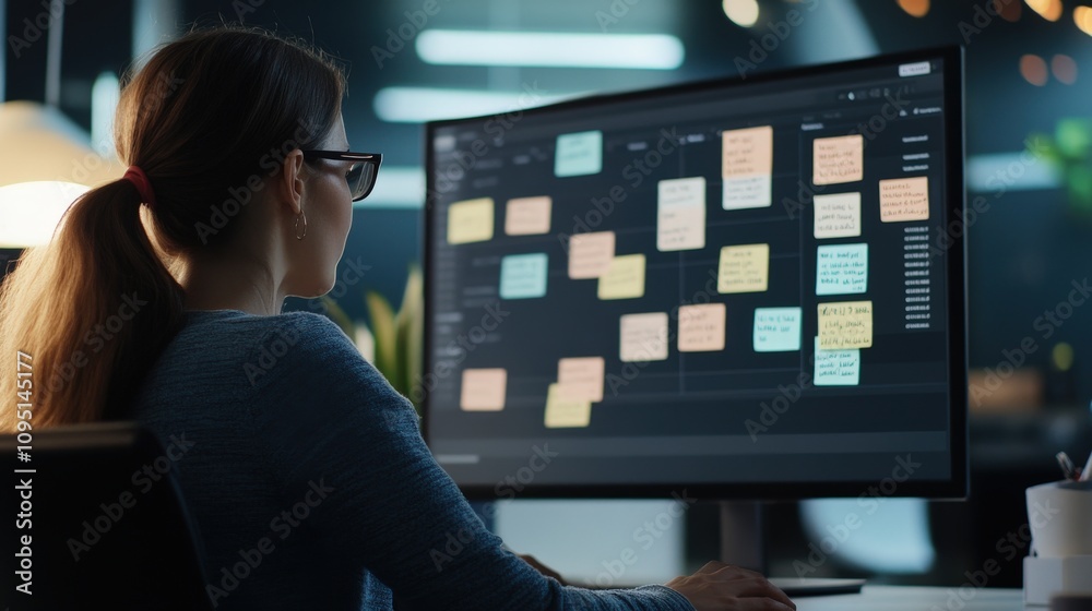 Poster young female professional using computer with sticky notes on screen while working in modern office 