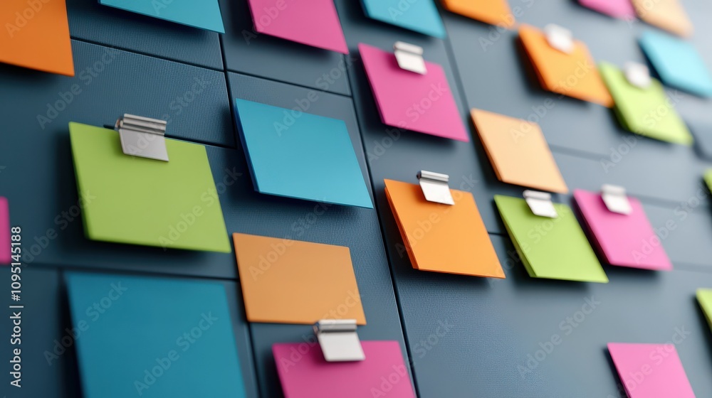 Poster colorful sticky notes in various shades on a modern board surface for creative organization and brai