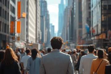 Obraz premium Midtown Rush Hour Dark-Haired Man, Skyscrapers, Depth of Field
