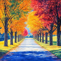Fototapeta premium Colorful autumn trees gracefully lining the scenic driveway