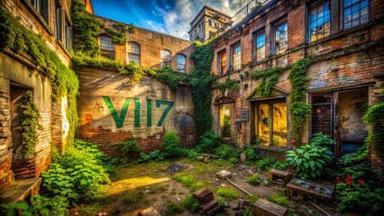 Fototapeta premium Urban Exploration Photography Featuring Roman Numeral VII in a Gritty, Abandoned Cityscape with Weathered Walls and Intriguing Shadows, Evoking a Sense of History and Mystery