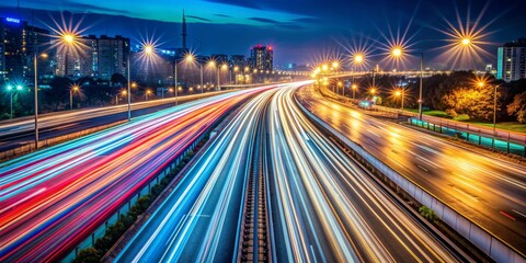 Fototapeta premium Cityscape Nighttime Long Exposure Urban Highway with Light Trails and Starburst Effects