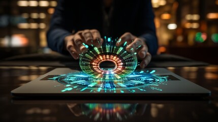 Hands typing on laptop with digital lock hologram, symbolizing cybersecurity amidst bokeh lights