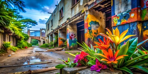 Naklejka premium Urban Exploration Photography Featuring Vibrant Hawaiian Lays Amidst Abandoned Buildings and Urban Landscapes, Capturing the Contrast of Nature and Urban Decay