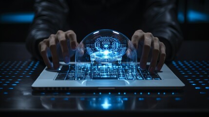 Hands typing on laptop with digital lock hologram, symbolizing cybersecurity amidst bokeh lights