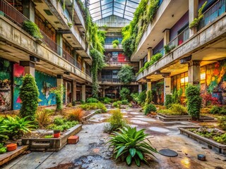 Fototapeta premium Urban Exploration Photography of Abandoned Shopping Malls with Overgrown Plants and Graffiti, Capturing the Beauty of Decay and Urban Wilderness in an Eerie Atmosphere
