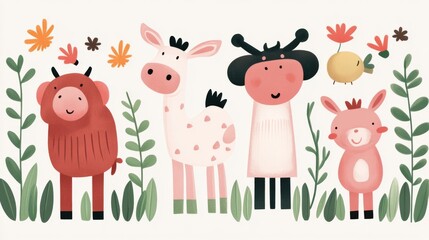 Obraz premium Group of cartoon animals are standing in a field. There are three cows, two giraffes, and two donkeys