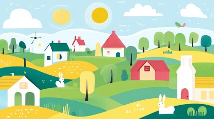 Fototapeta premium Cartoon drawing of a rural area with houses, trees, and a sun. There are several rabbits in the scene