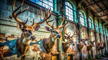Obraz premium Urban Exploration Photography of Rustic Deer Heads Displayed in an Abandoned Warehouse, Capturing the Blend of Nature and Urban Decay, Evoking a Sense of Mystery and Adventure