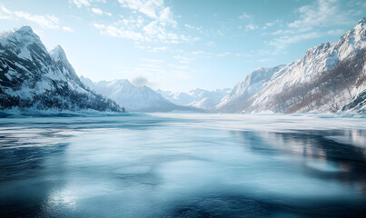 Empty ice surface, frozen mountain lake, winter mountains landscape with copy space