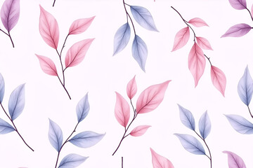 Fototapeta premium A seamless pattern of delicate pastel leaves in pink, purple, and blue tones, creating a soft and dreamy botanical design