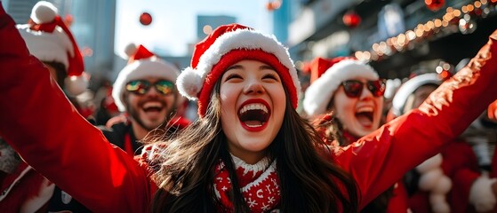 Cheerful fans in festive red costumes and hats passionately cheering and supporting their favorite team at a lively holiday themed sports event  The group is filled with energy excitement