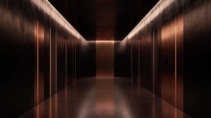 Modern and Elegant Elevator Corridor with Ambient Lighting in Dark Metal Finishes for Stylish Architectural Backgrounds and Interior Design Concepts