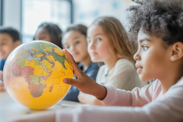 Close-up of children studying a globe in a classroom, emphasizing geography, curiosity, and cultural exploration in education.