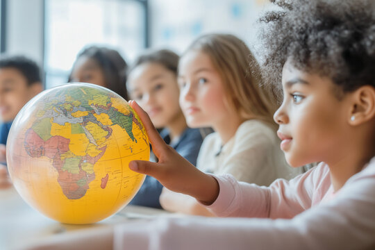 Close-up of children studying a globe in a classroom, emphasizing geography, curiosity, and cultural exploration in education. - Powered by Adobe