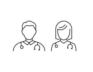 Two Medic Professional Assistants with Stethoscope Line Icon. Male and Female Physicians Specialist Linear Pictogram. Man, Woman Doctors Outline Icon.