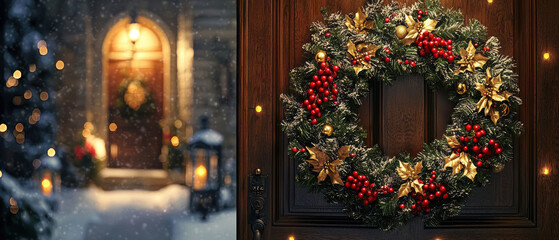 beautiful front door adorned with festive wreath, showcasing red berries, golden accents, and pine branches, set against snowy backdrop, evokes warm holiday spirit