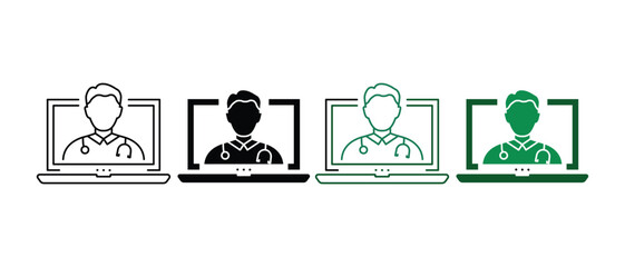 Telemedicine, Virtual Medicine Service Sign. Doctor in Computer, Online Medical Healthcare Pictogram Collection. Online Digital Medicine Line and Silhouette