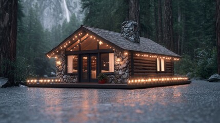 Obraz premium Cozy Log Cabin Christmas Lights Winter Wonderland Forest Night