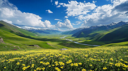 A valley with bright green hills and a river