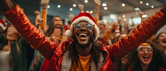A lively group of enthusiastic fans dressed in Christmas themed costumes and hats cheering and clapping with joy at a holiday sports competition event