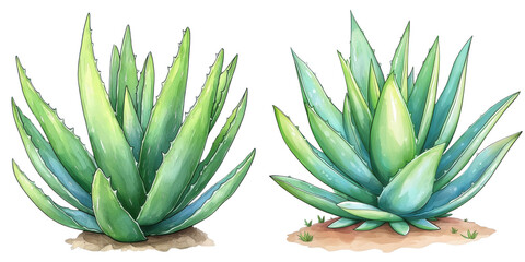 Obraz premium Two lush green aloe vera plants on a plain background.