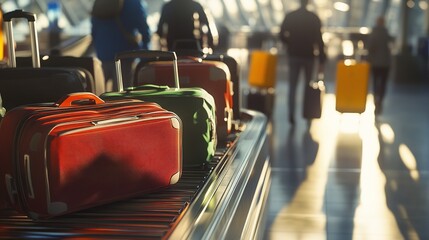 A close-up of a luggage carousel at an airport, with various suitcases arriving and passengers picking them up.