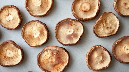 Natural Dried Mushroom Slices on Gray Surface - Organic Decorative Ingredients for Culinary Dishes, Arts, Crafts, and Backgrounds Featuring Unique Textures