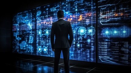 Businessman analyzing digital stock market chart on blue and black background for investment