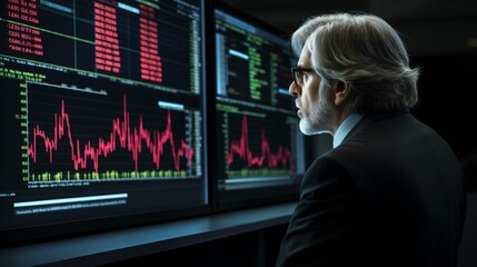 Businessman analyzing digital stock market chart on blue and black background for investment