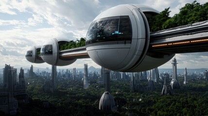 futuristic cityscape in environmental. A futuristic scene featuring sleek, pod-like structures integrated with greenery, suspended above a modern cityscape under a cloudy sky.