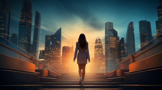 Silhouette of woman climbing steps at sunrise over city skyline, symbolizing ambition and growth